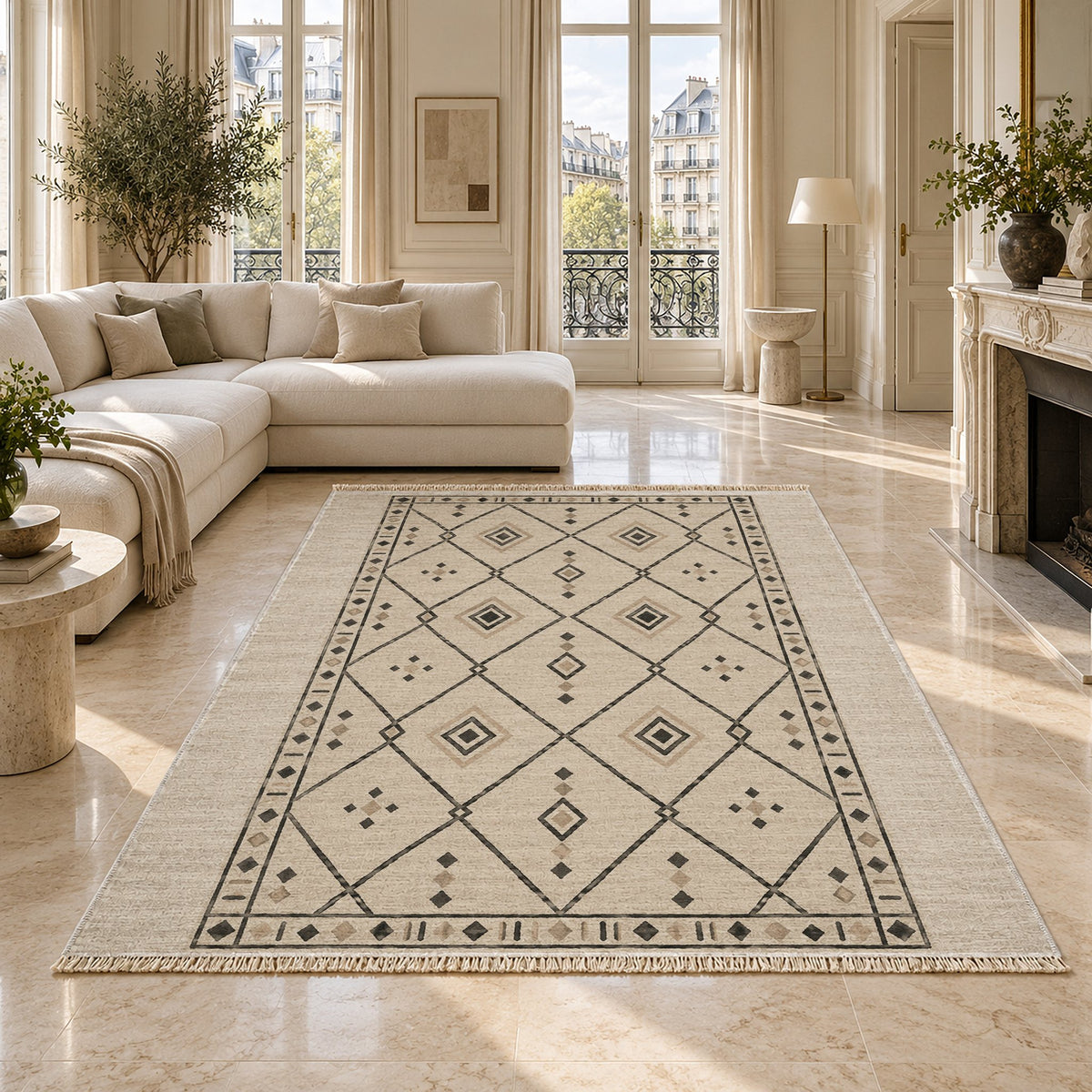 Bordered Berber Ivory & Charcoal washable rug on a marble floor