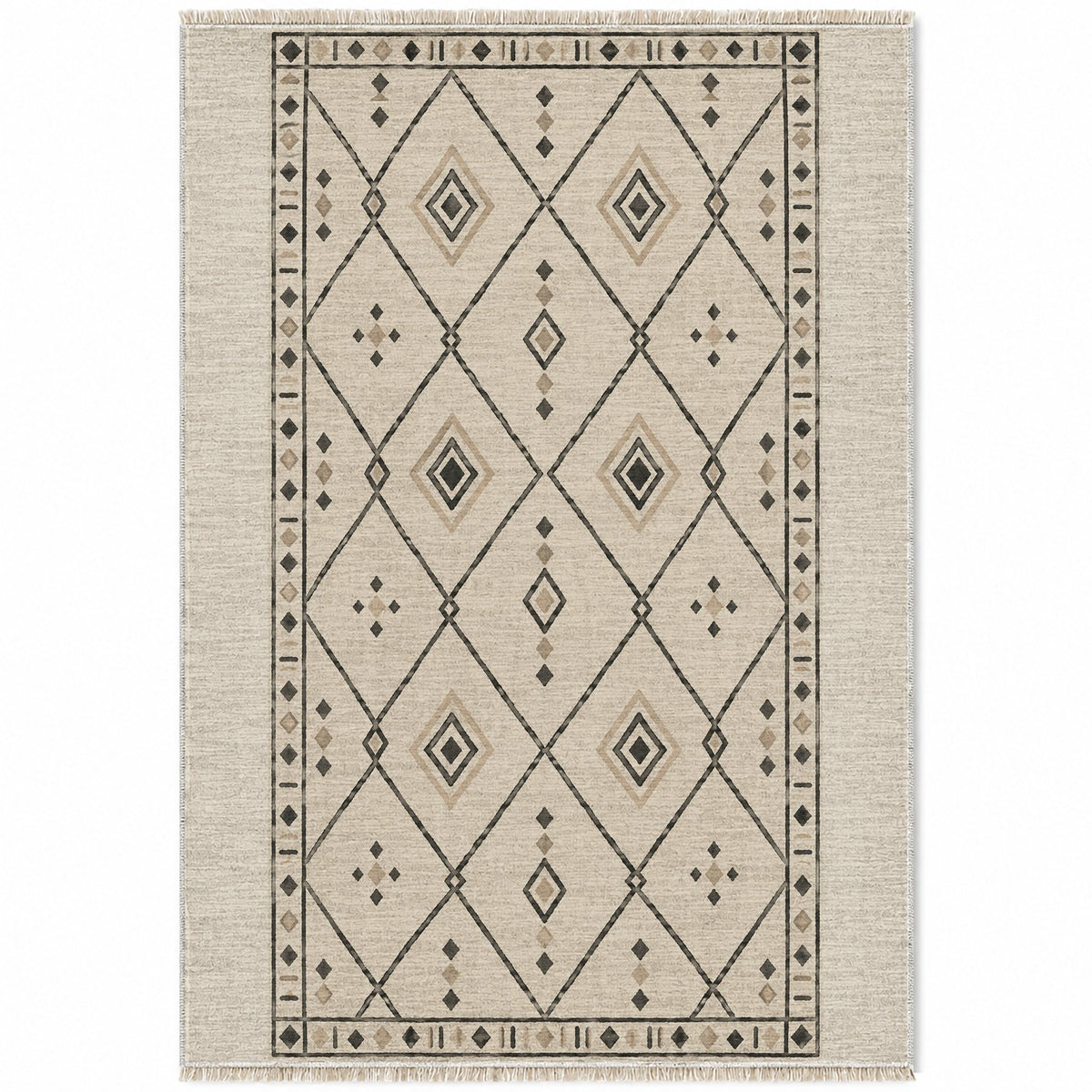 Bordered Berber Ivory & Charcoal washable rug top view