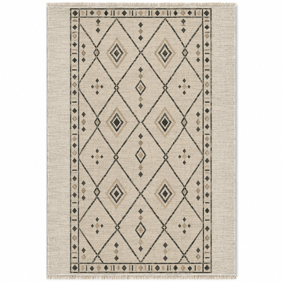 Bordered Berber Ivory & Charcoal Washable Rug