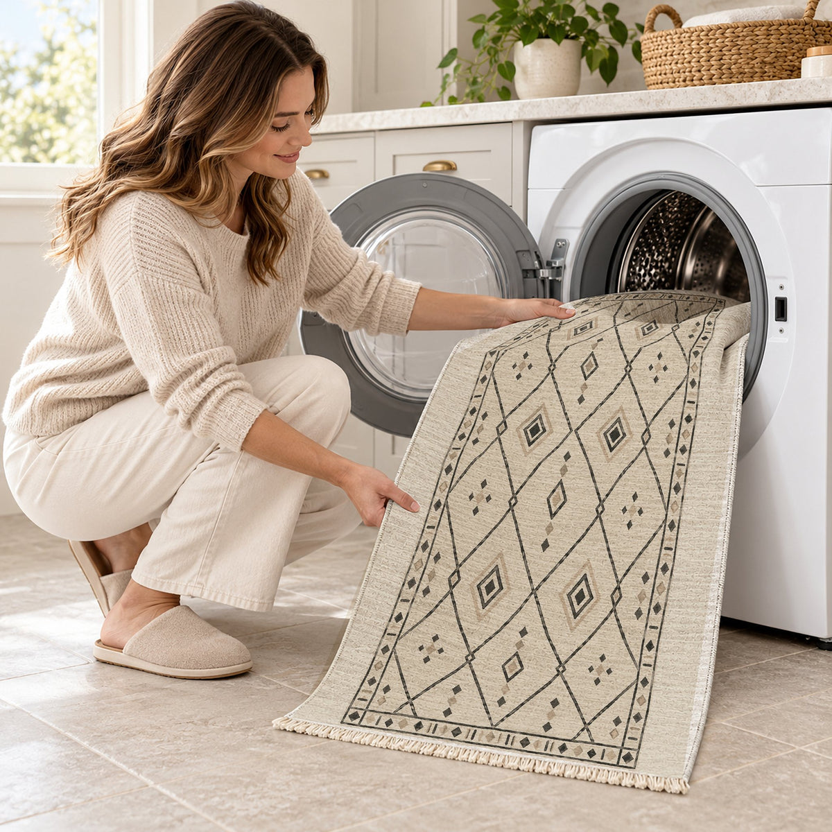 Bordered Berber Ivory & Charcoal washable rug being loaded into a washing machine