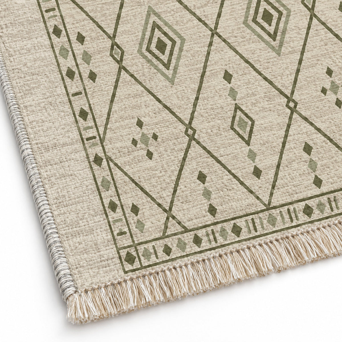 Bordered Berber Ivory & Olive washable rug close-up of the printed chenille