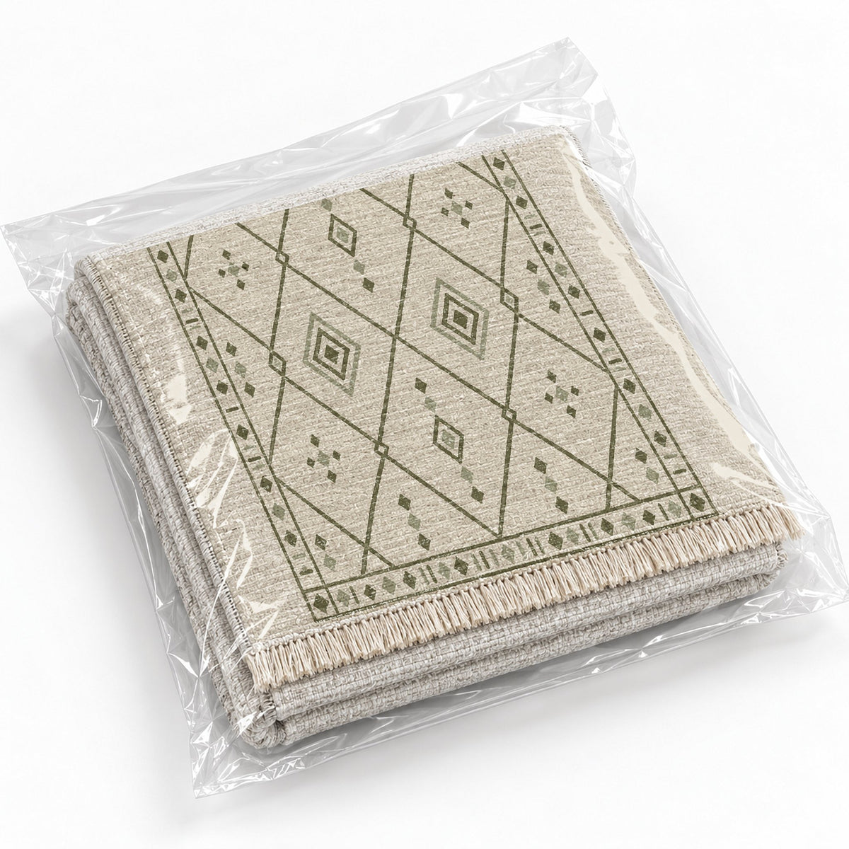 Bordered Berber Ivory & Olive washable rug rolled and packaged