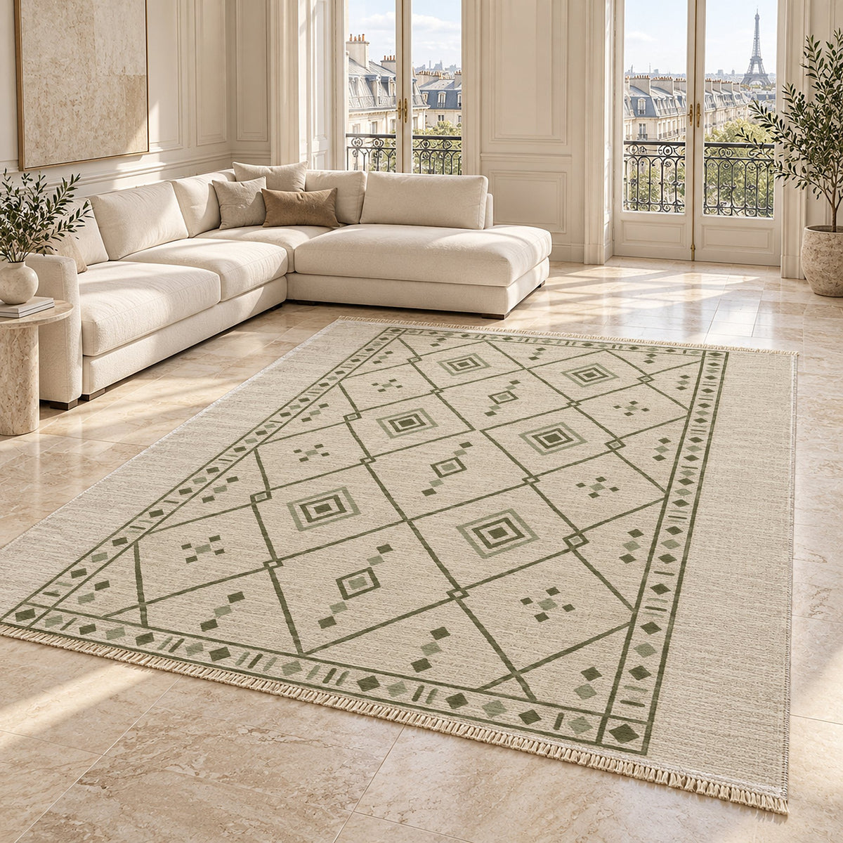 Bordered Berber Ivory & Olive washable rug angled room view on marble