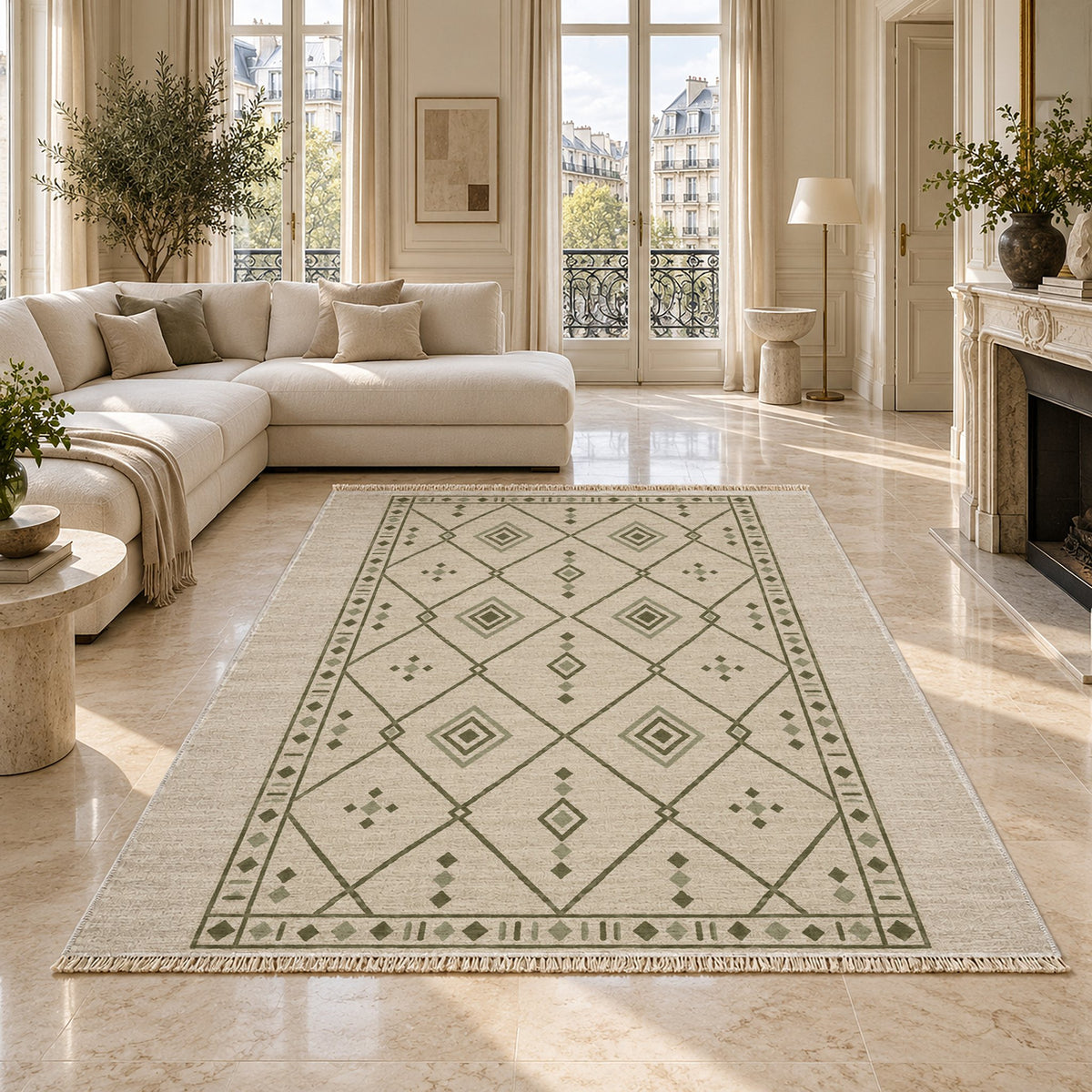 Bordered Berber Ivory & Olive washable rug on a marble floor