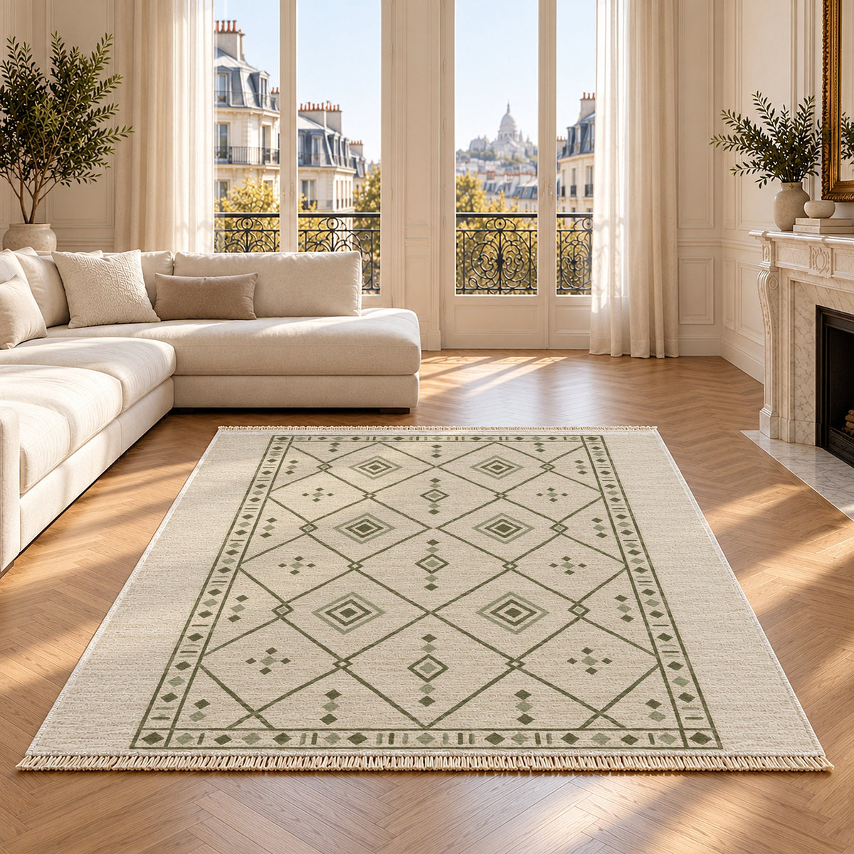 Bordered Berber Ivory & Olive washable rug on an oak floor