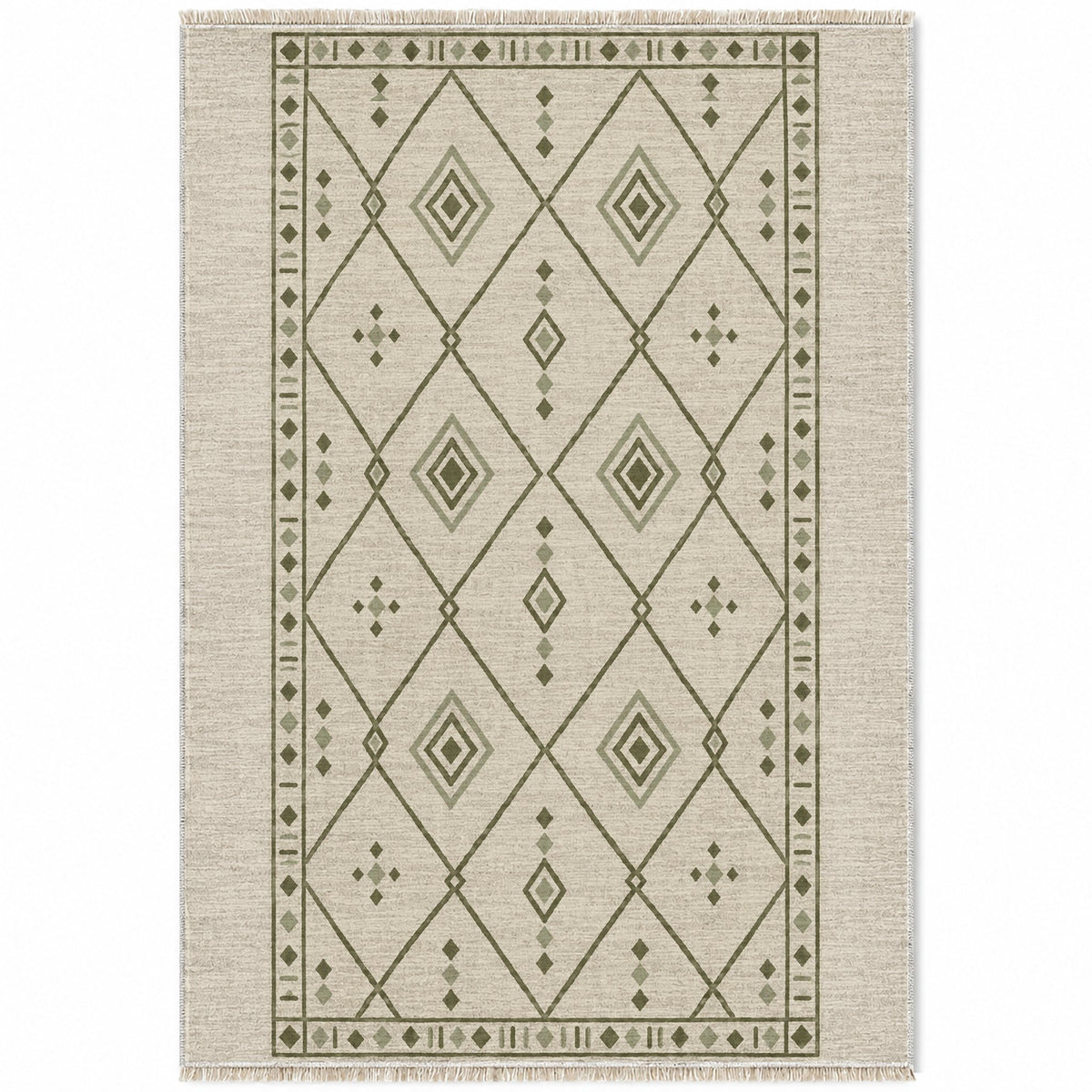 Bordered Berber Ivory & Olive washable rug top view