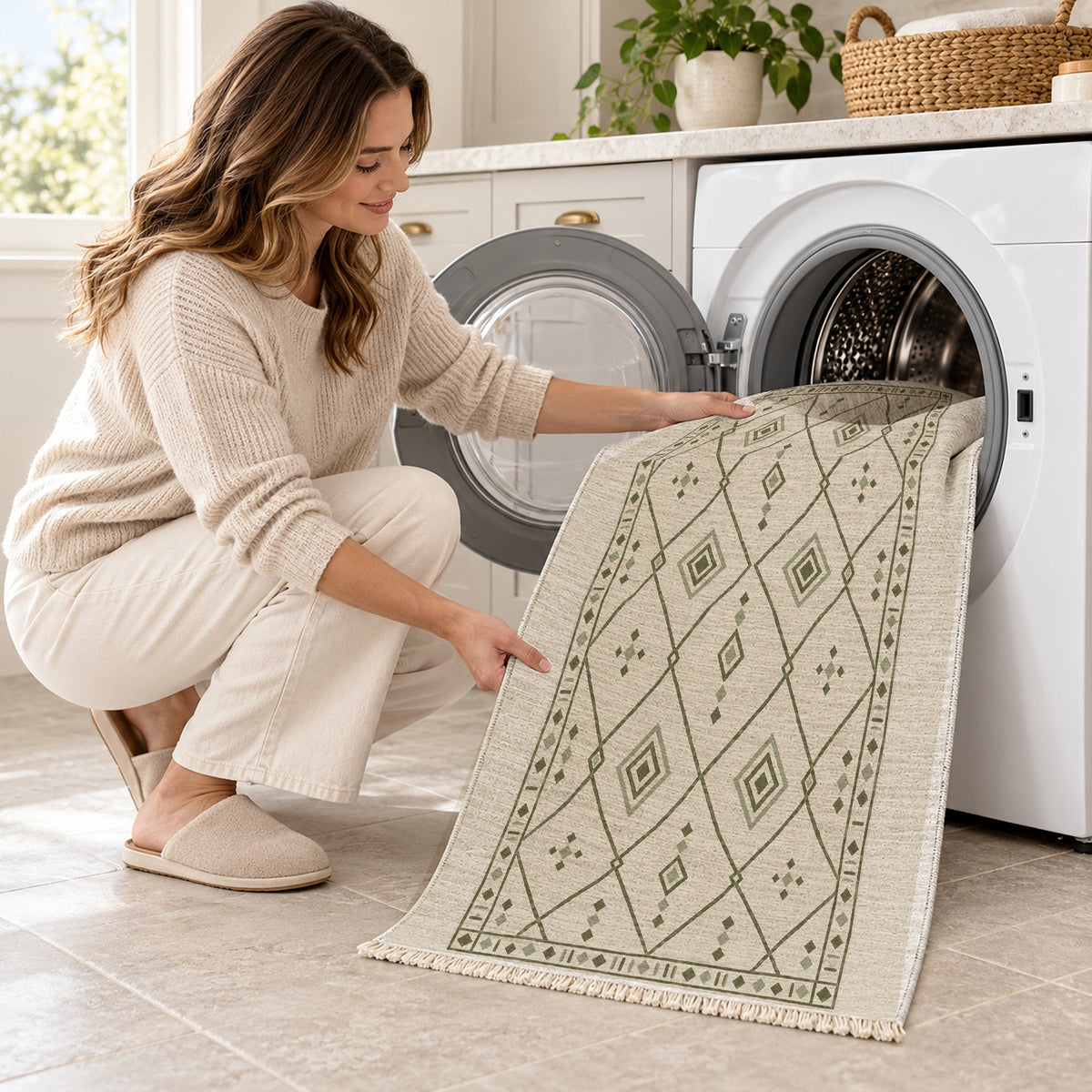 Bordered Berber Ivory & Olive washable rug being loaded into a washing machine