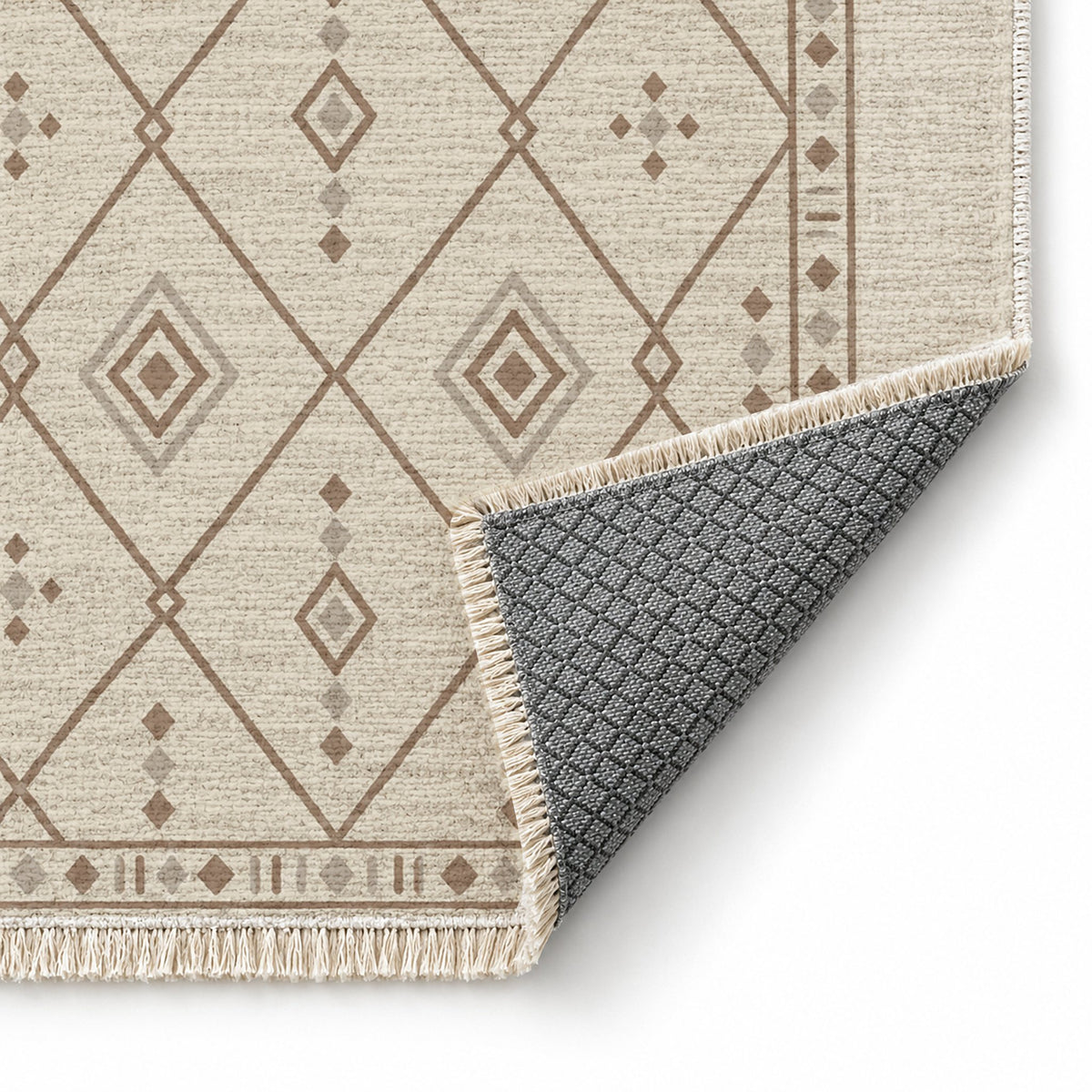 Bordered Berber Ivory & Taupe washable rug folded corner showing the backing