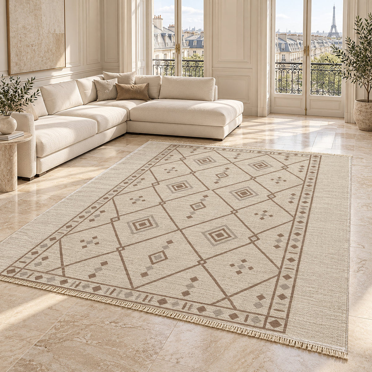 Bordered Berber Ivory & Taupe washable rug angled room view on marble
