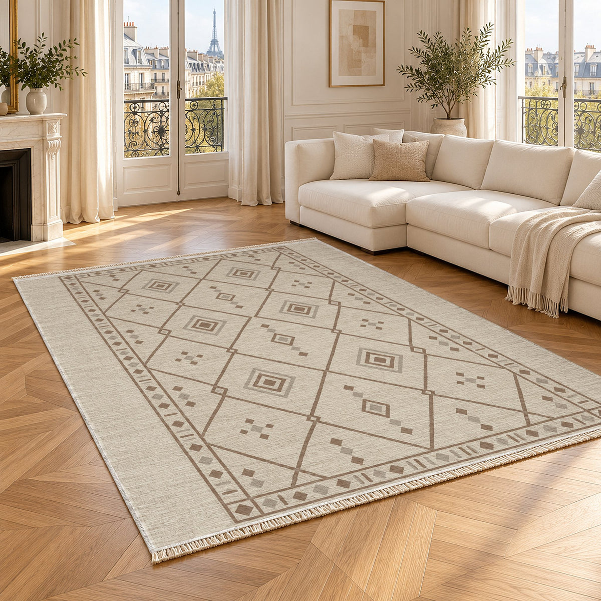 Bordered Berber Ivory & Taupe washable rug angled room view