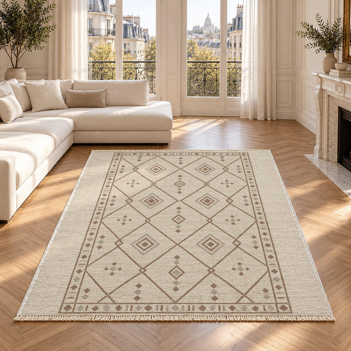 Bordered Berber Ivory & Taupe washable rug in a Paris living room
