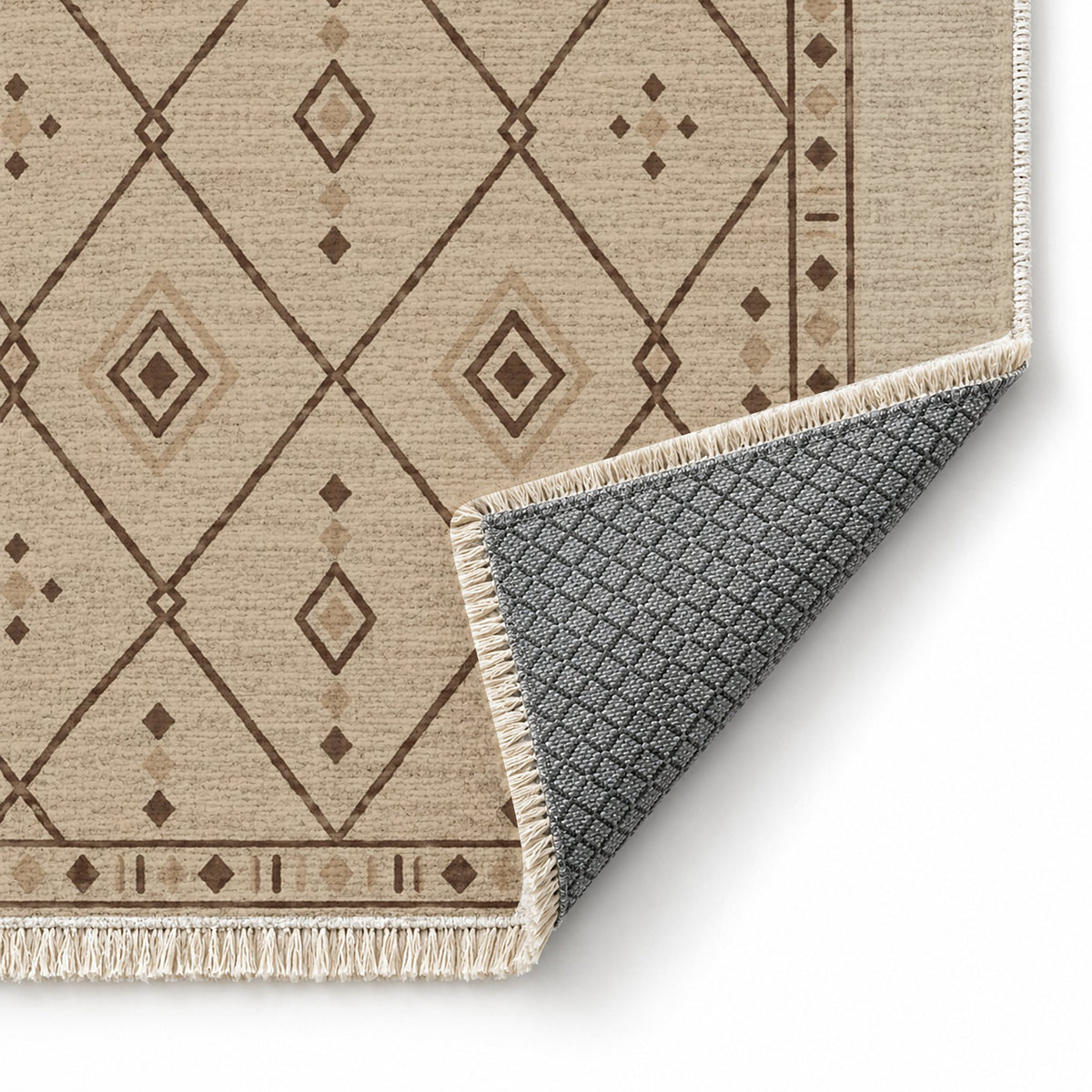 Bordered Berber Oat & Cocoa washable rug folded corner showing the backing