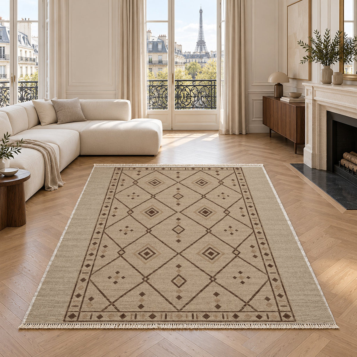 Bordered Berber Oat & Cocoa washable rug in a living room with an Eiffel Tower view