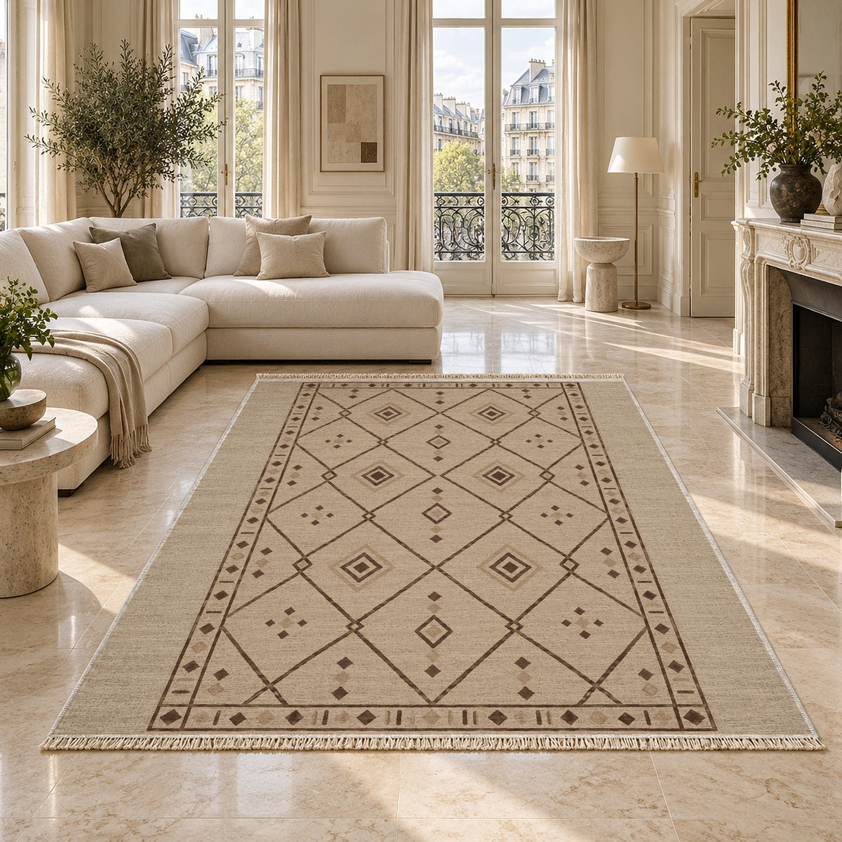 Bordered Berber Oat & Cocoa washable rug on a marble floor