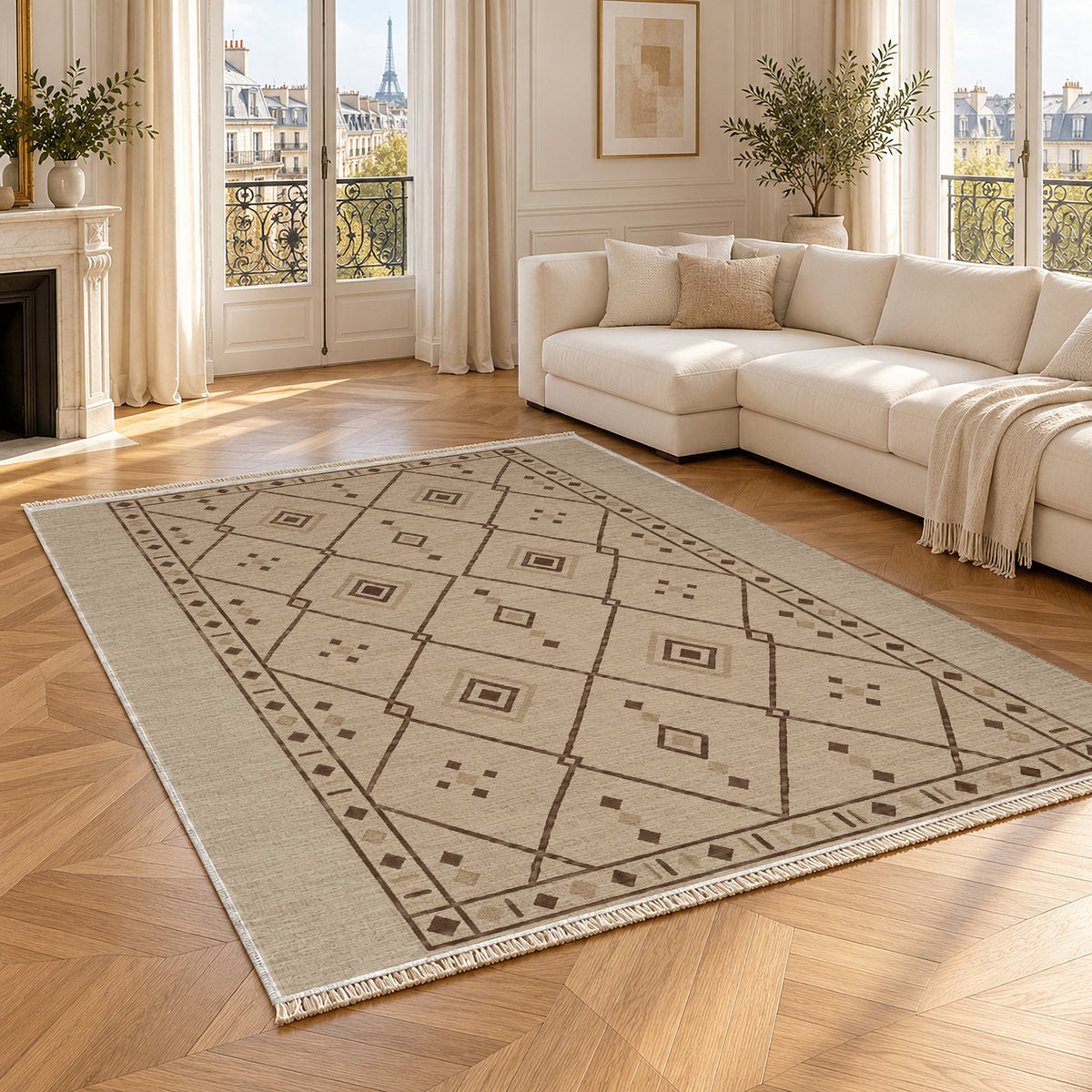 Bordered Berber Oat & Cocoa washable rug angled room view