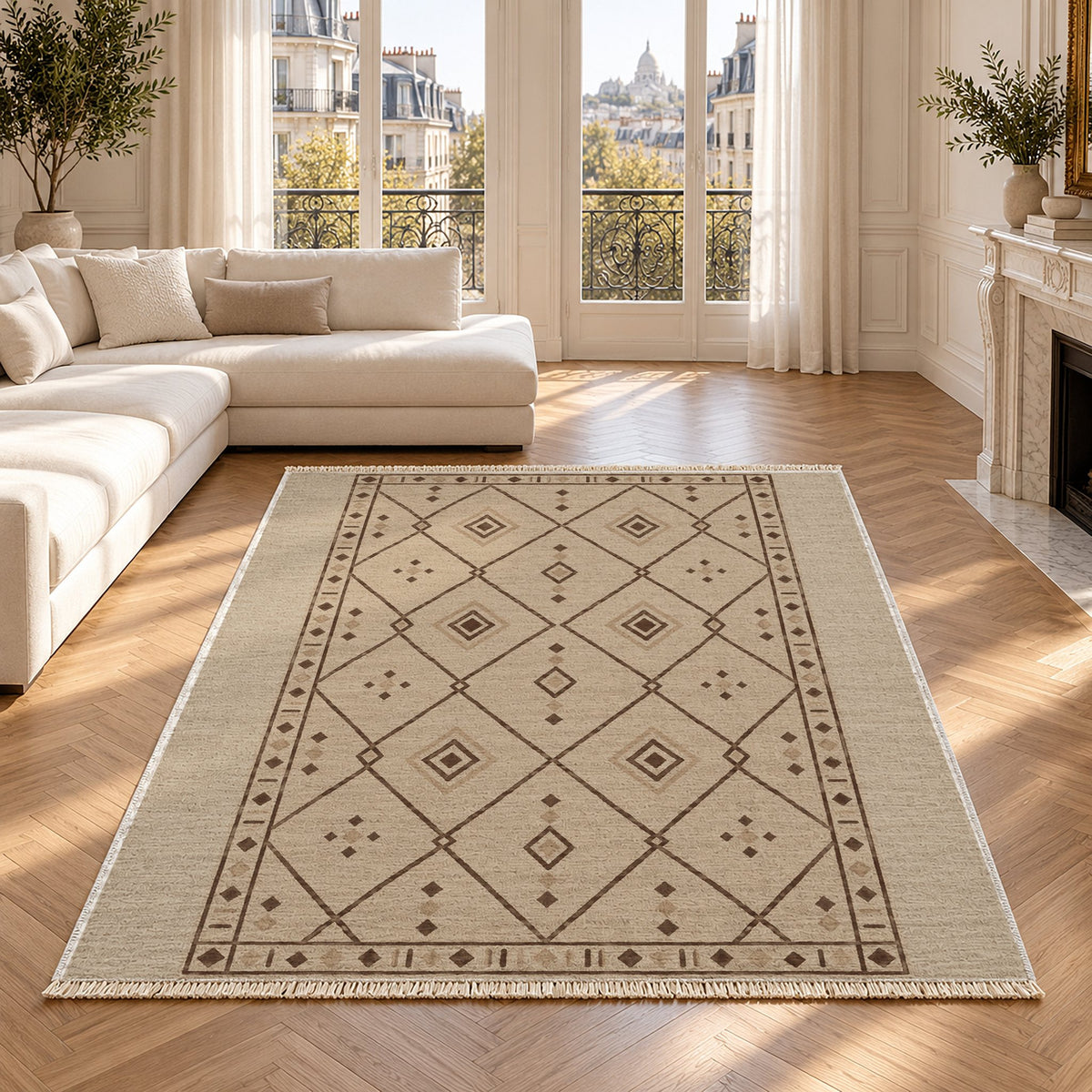 Bordered Berber Oat & Cocoa washable rug in a Paris living room