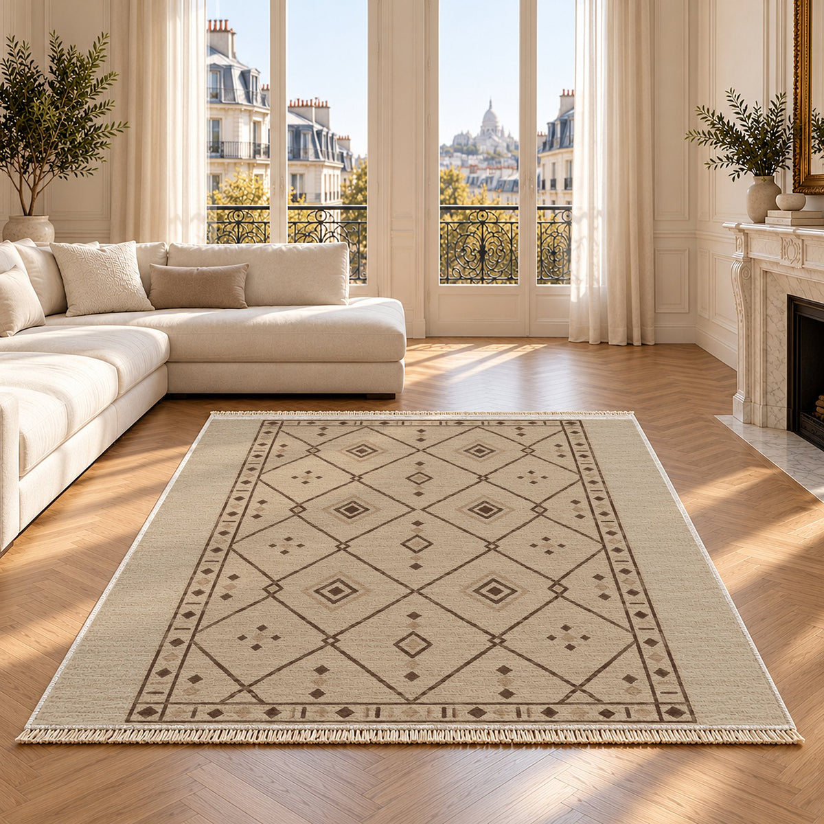 Bordered Berber Oat & Cocoa washable rug on an oak floor