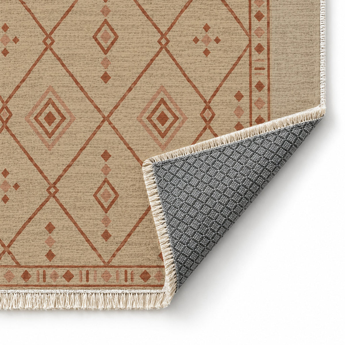 Bordered Berber Sand & Terracotta washable rug folded corner showing the backing