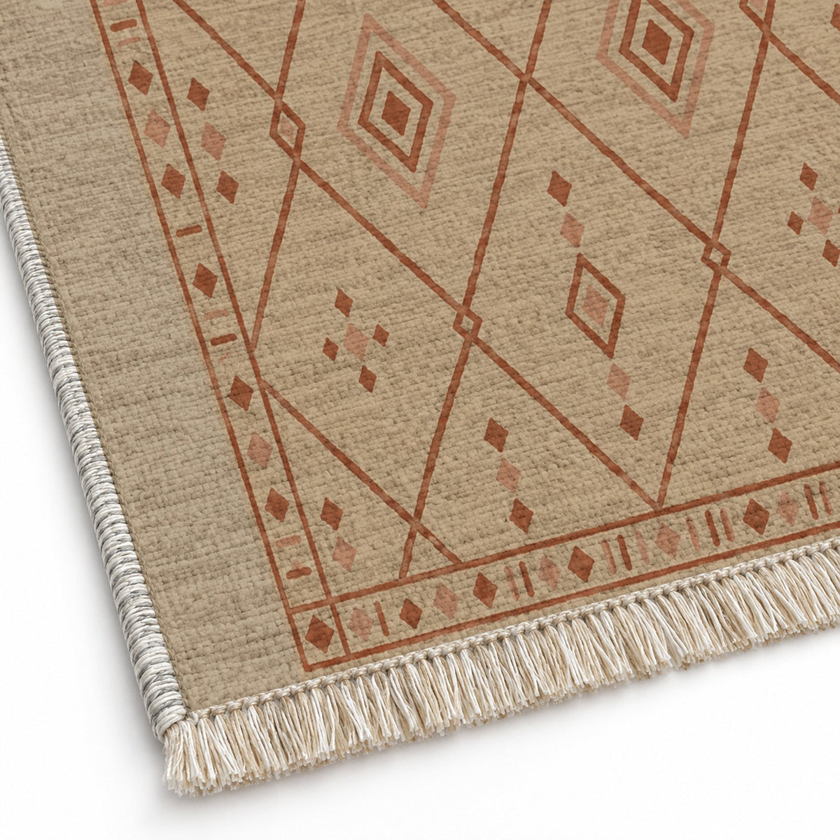 Bordered Berber Sand & Terracotta washable rug close-up of the printed chenille