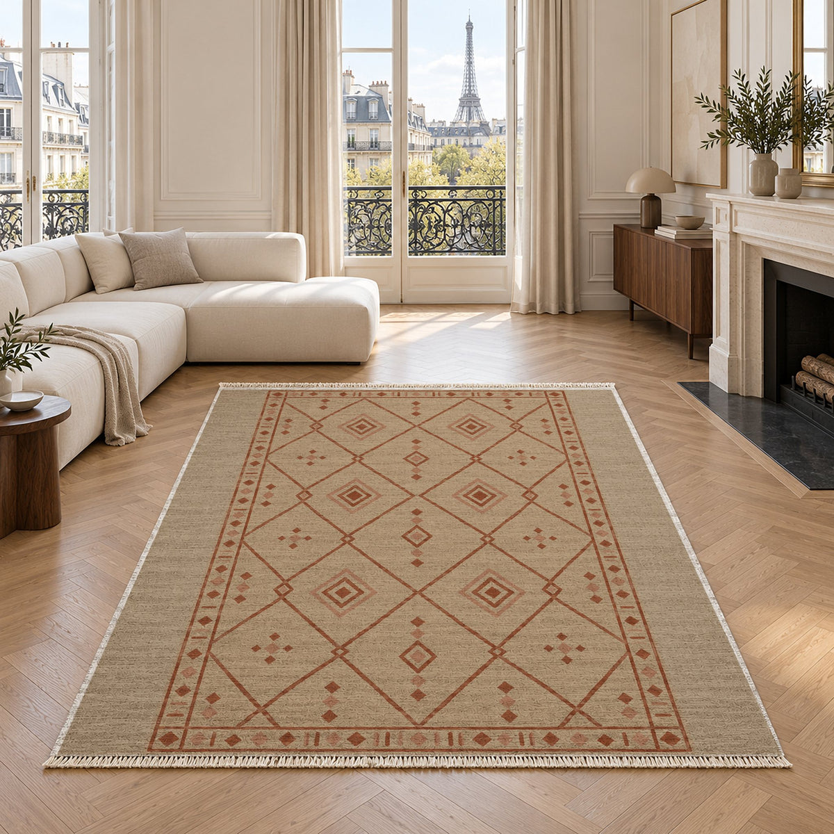 Bordered Berber Sand & Terracotta washable rug in a living room with an Eiffel Tower view