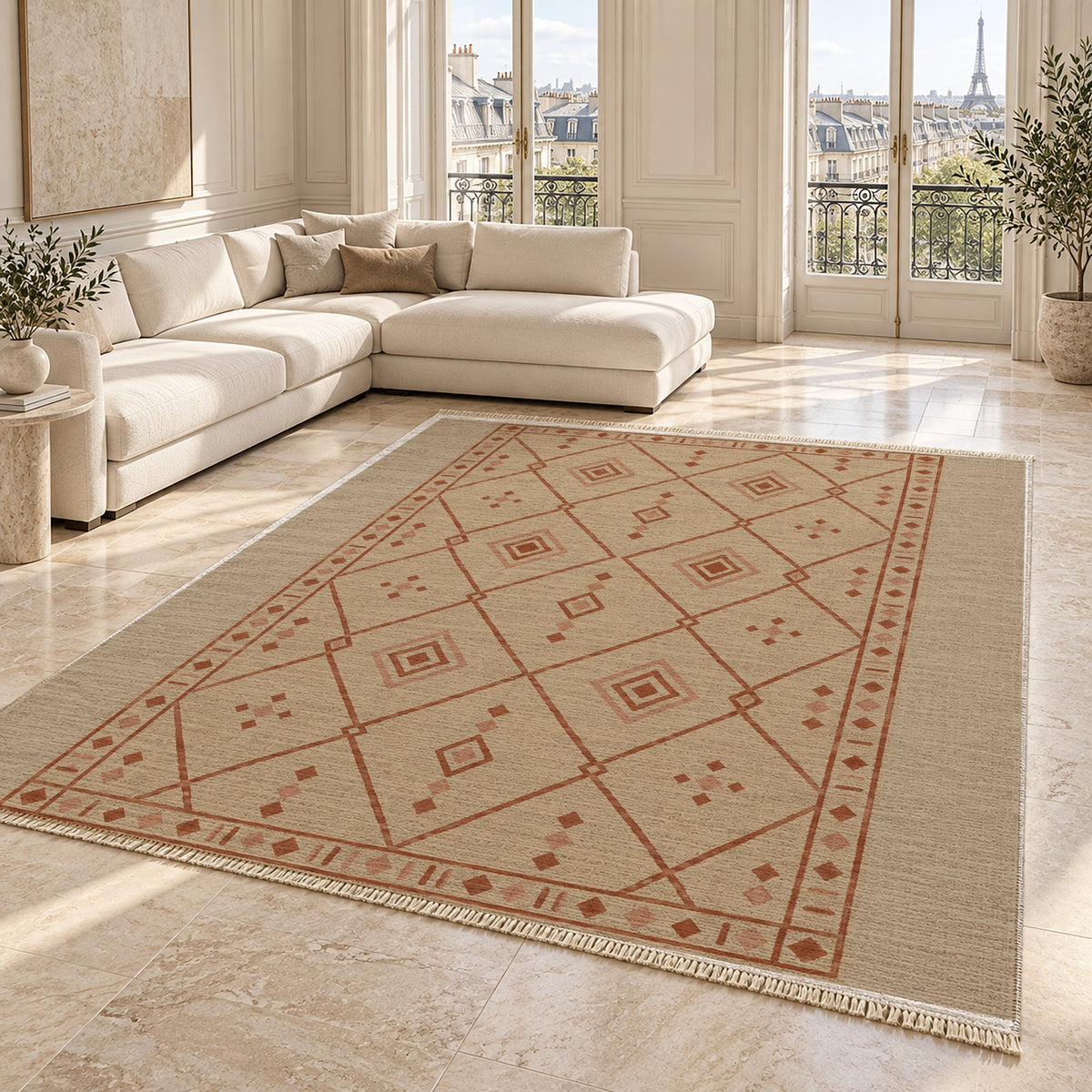 Bordered Berber Sand & Terracotta washable rug angled room view on marble