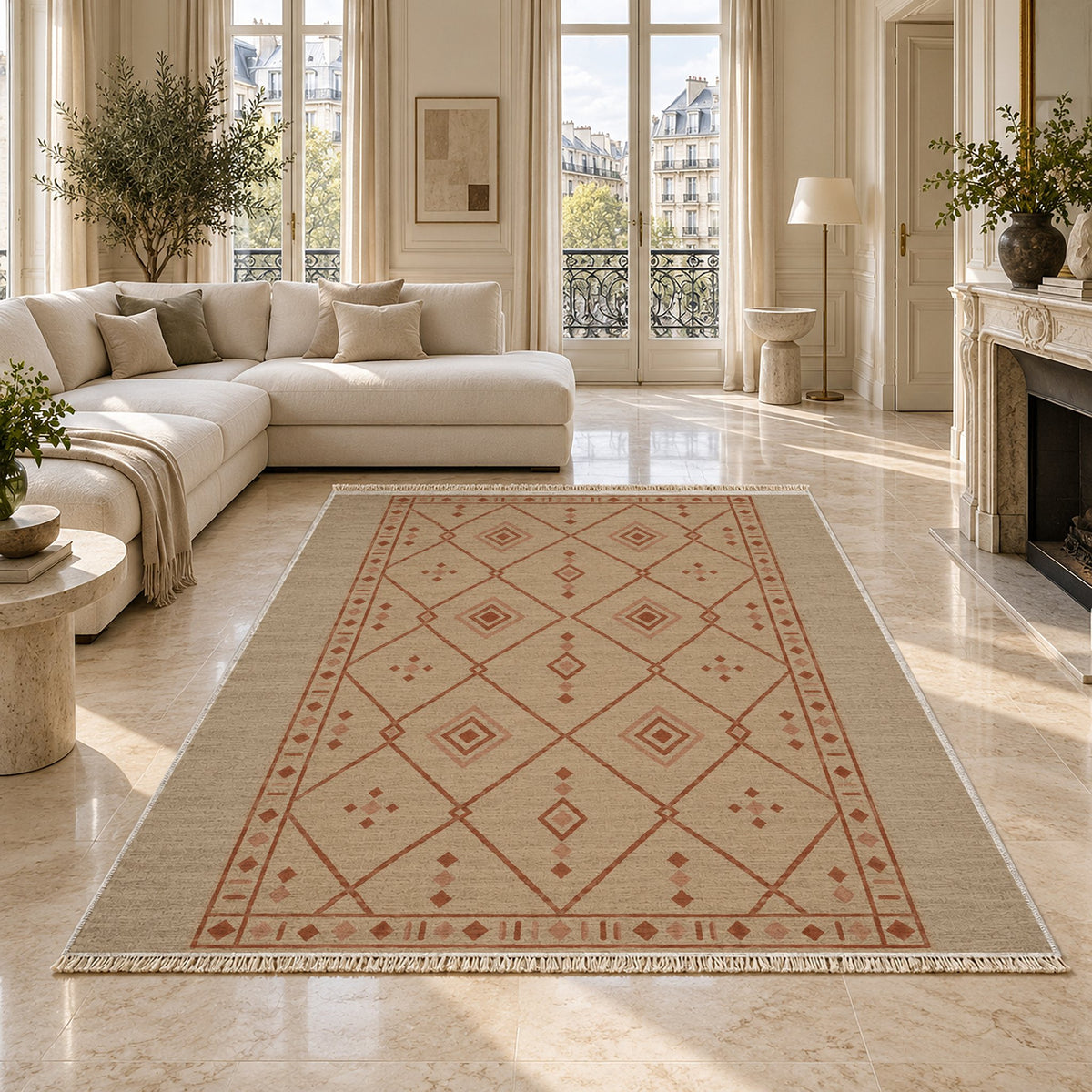 Bordered Berber Sand & Terracotta washable rug on a marble floor