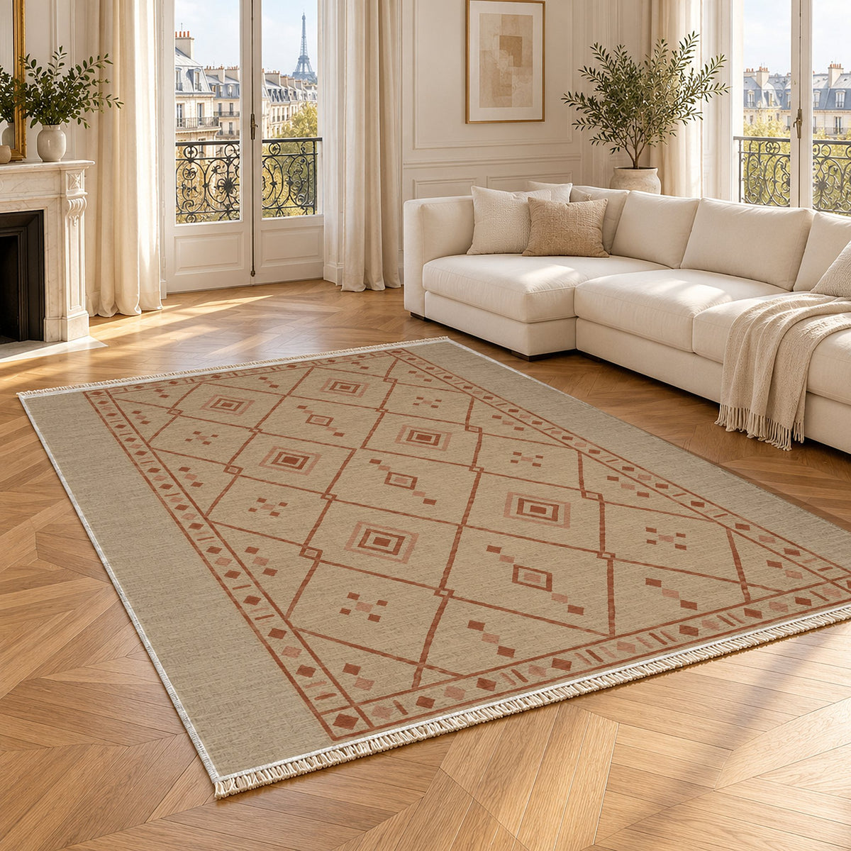 Bordered Berber Sand & Terracotta washable rug angled room view