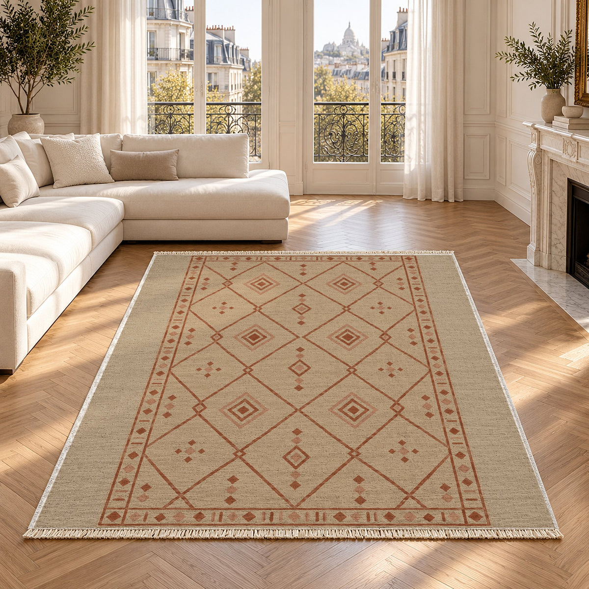 Bordered Berber Sand & Terracotta washable rug in a Paris living room