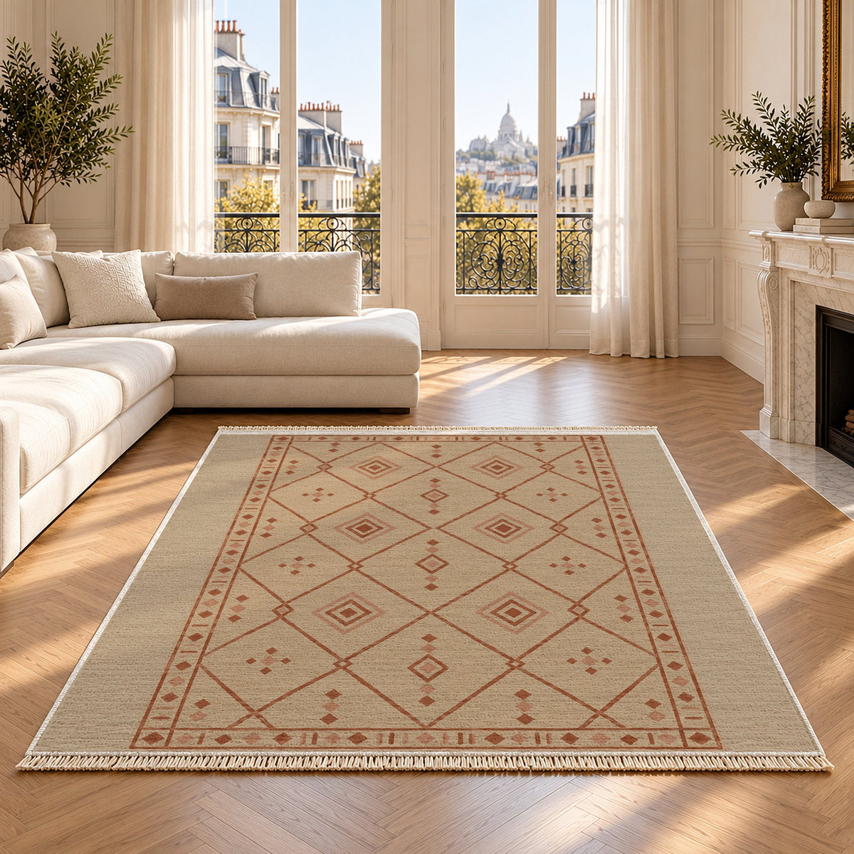 Bordered Berber Sand & Terracotta washable rug on an oak floor