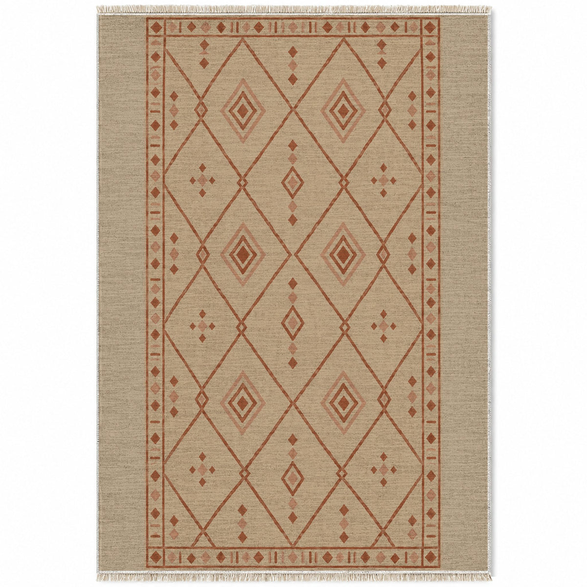 Bordered Berber Sand & Terracotta washable rug top view