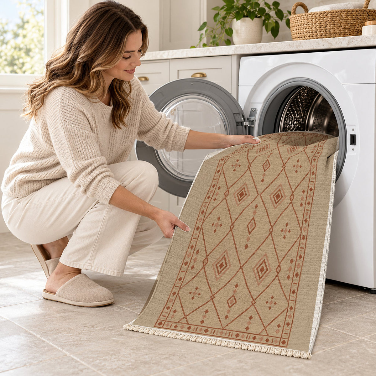 Bordered Berber Sand & Terracotta washable rug being loaded into a washing machine