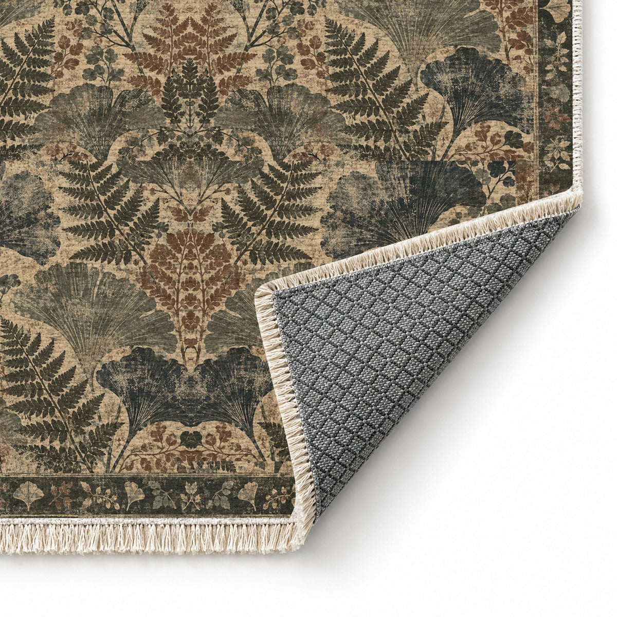 Botanical Silhouette Quiet Neutral washable rug folded corner showing the backing