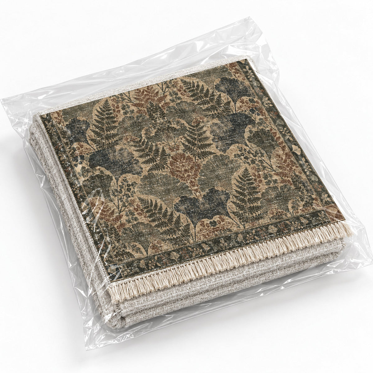 Botanical Silhouette Quiet Neutral washable rug rolled and packaged