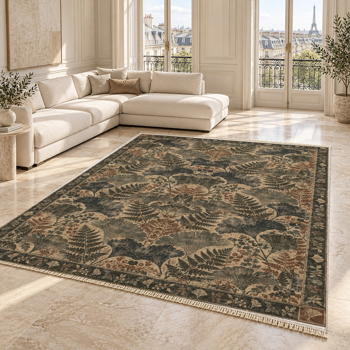Botanical Silhouette Quiet Neutral washable rug angled room view on marble