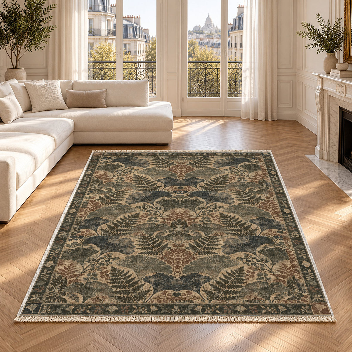 Botanical Silhouette Quiet Neutral washable rug in a Paris living room
