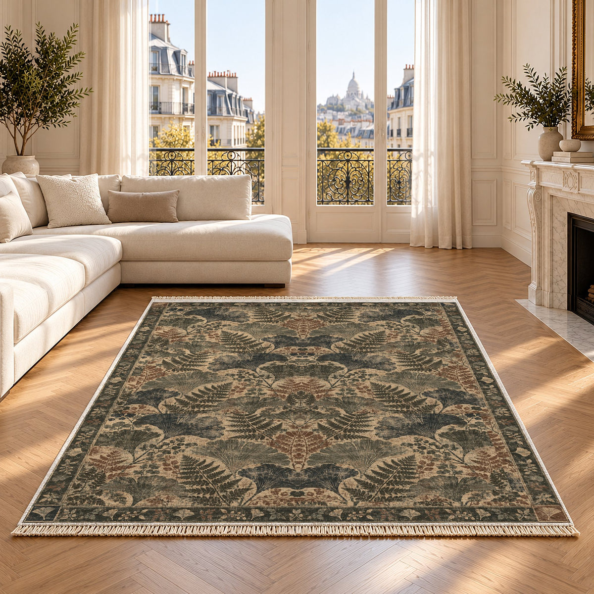 Botanical Silhouette Quiet Neutral washable rug on an oak floor