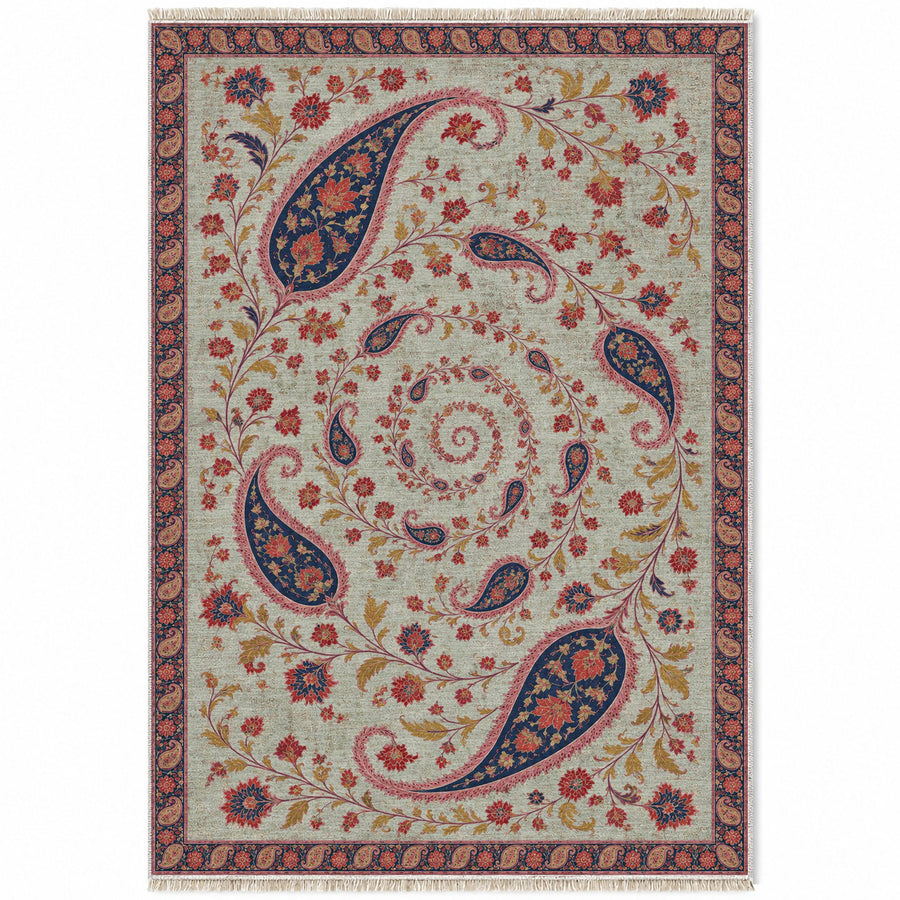 Boteh Wind Spiral Glacier, Ink & Vermilion Distressed Washable Rug