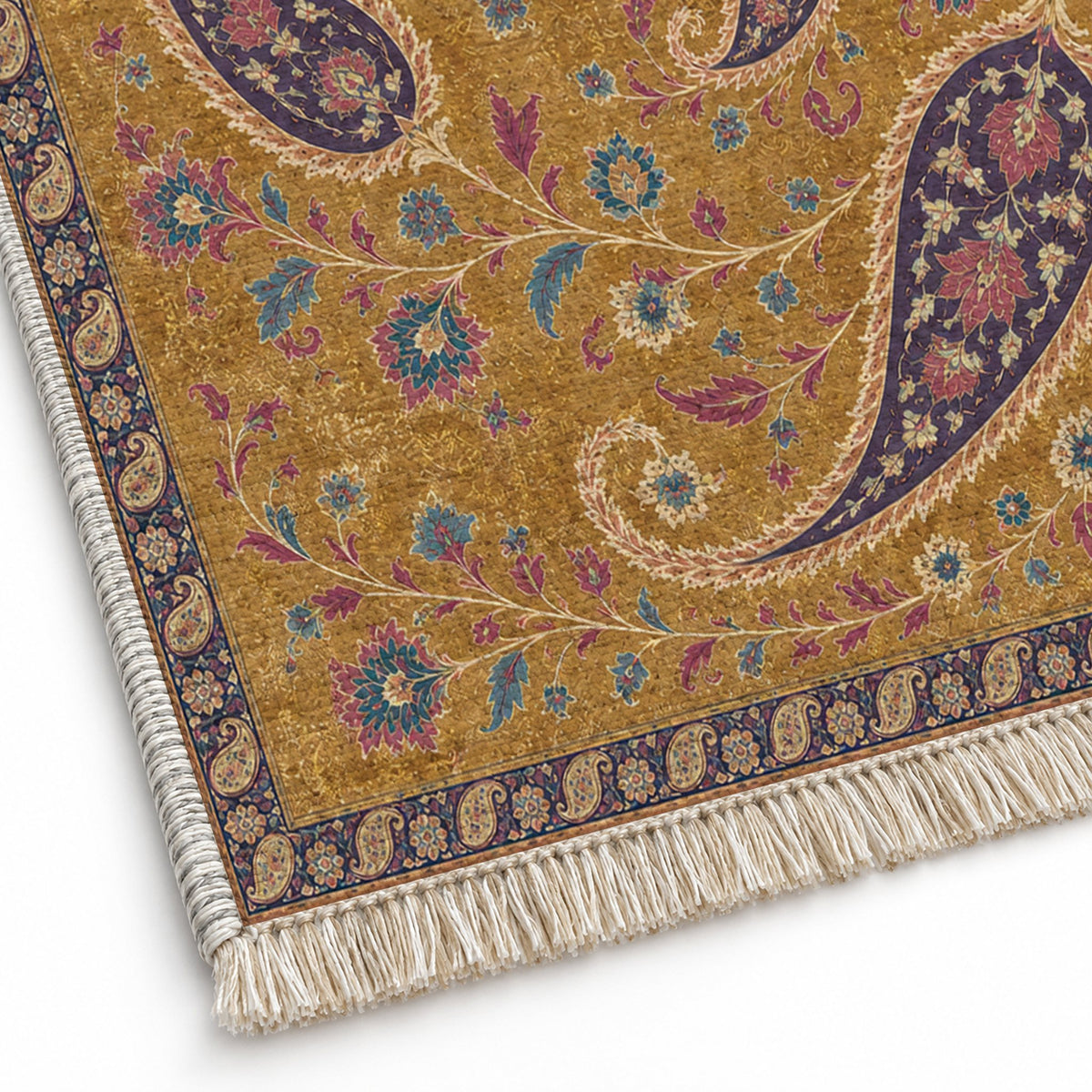 Boteh Wind Spiral Golden, Plum & Azure washable rug close-up of the printed chenille
