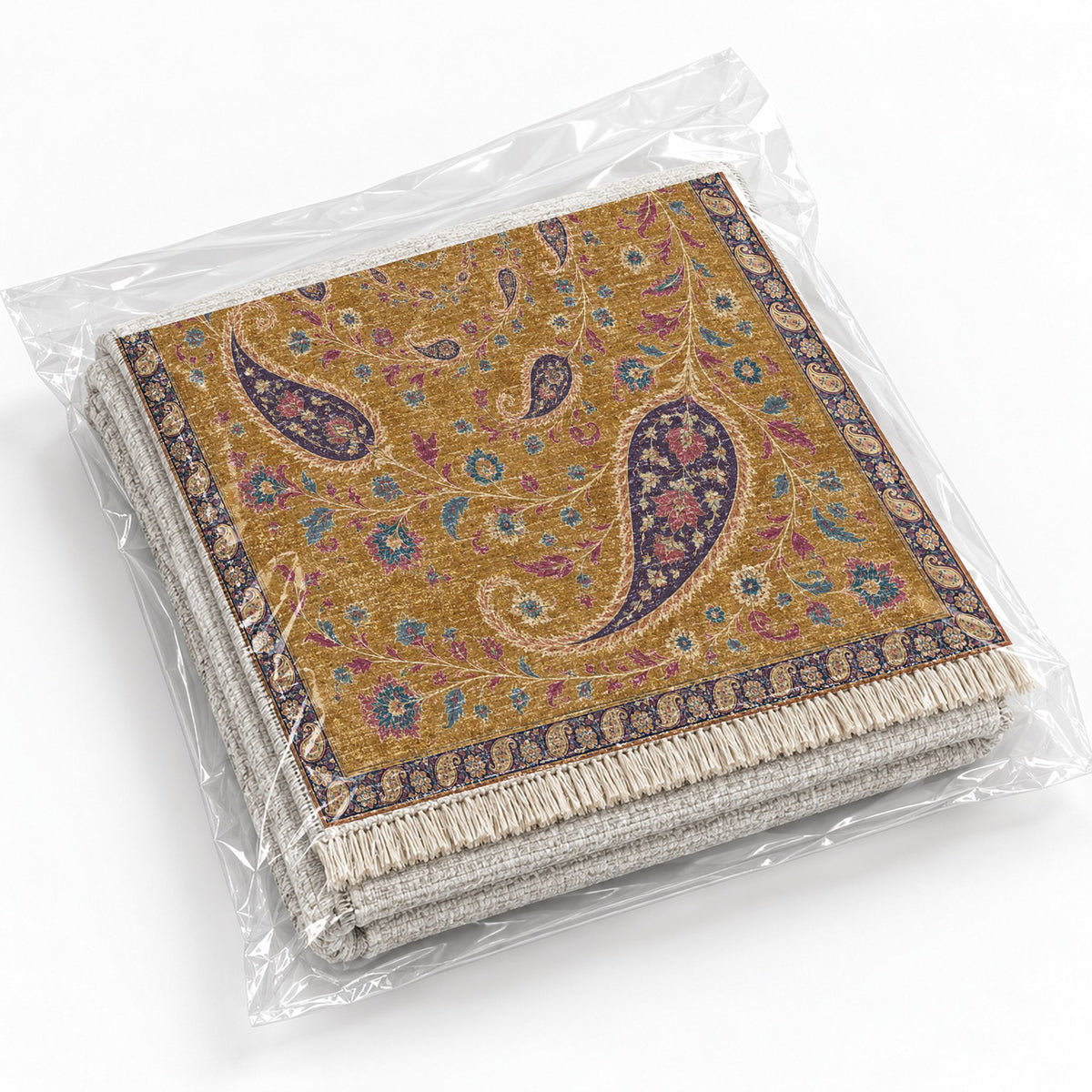 Boteh Wind Spiral Golden, Plum & Azure washable rug rolled and packaged