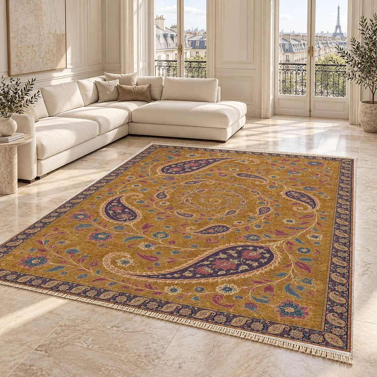 Boteh Wind Spiral Golden, Plum & Azure washable rug angled room view on marble