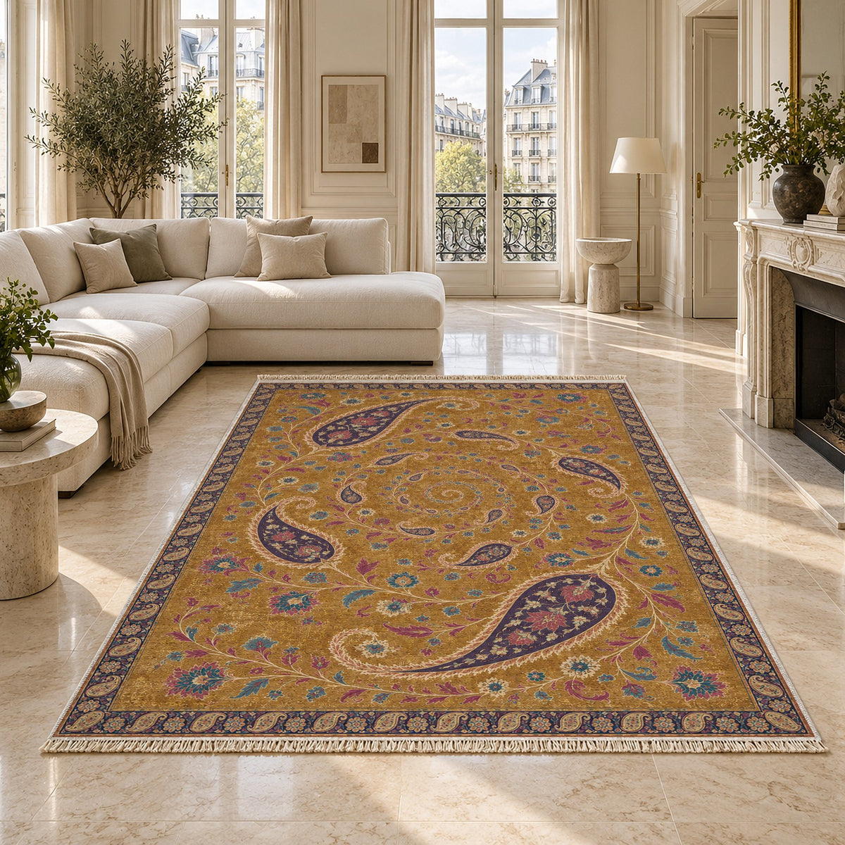 Boteh Wind Spiral Golden, Plum & Azure washable rug on a marble floor