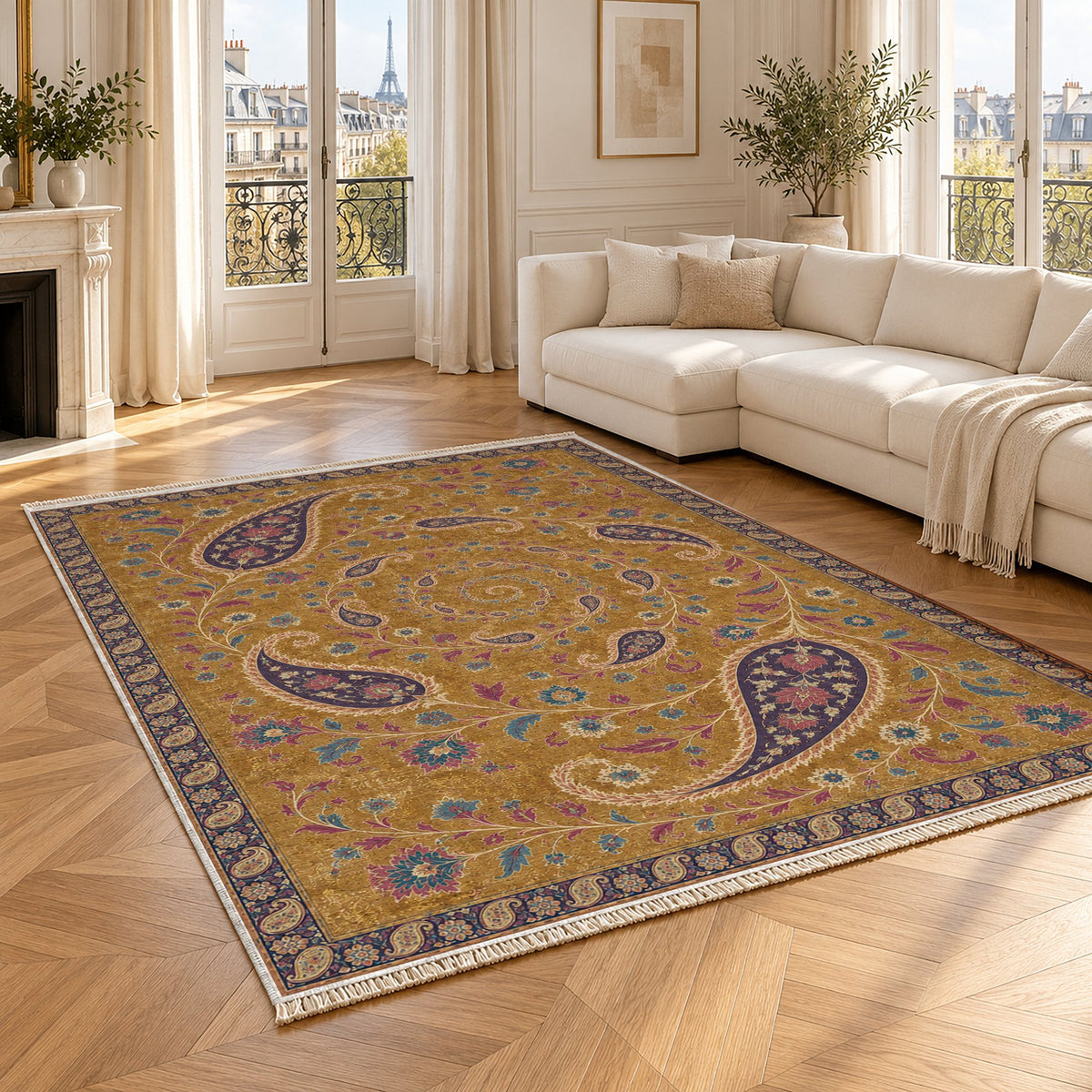 Boteh Wind Spiral Golden, Plum & Azure washable rug angled room view