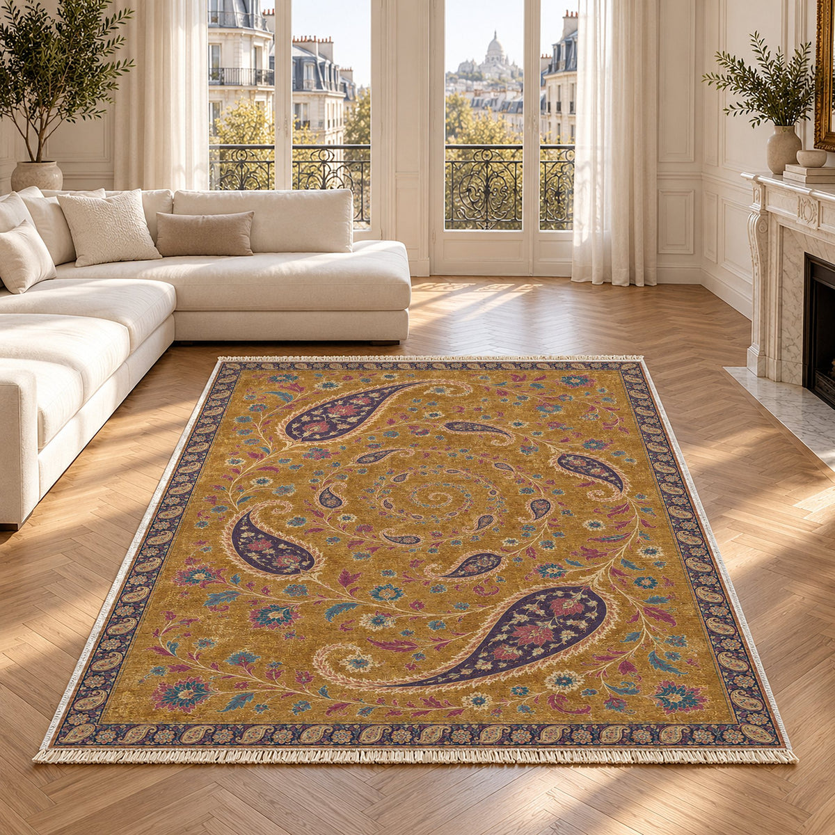 Boteh Wind Spiral Golden, Plum & Azure washable rug in a Paris living room
