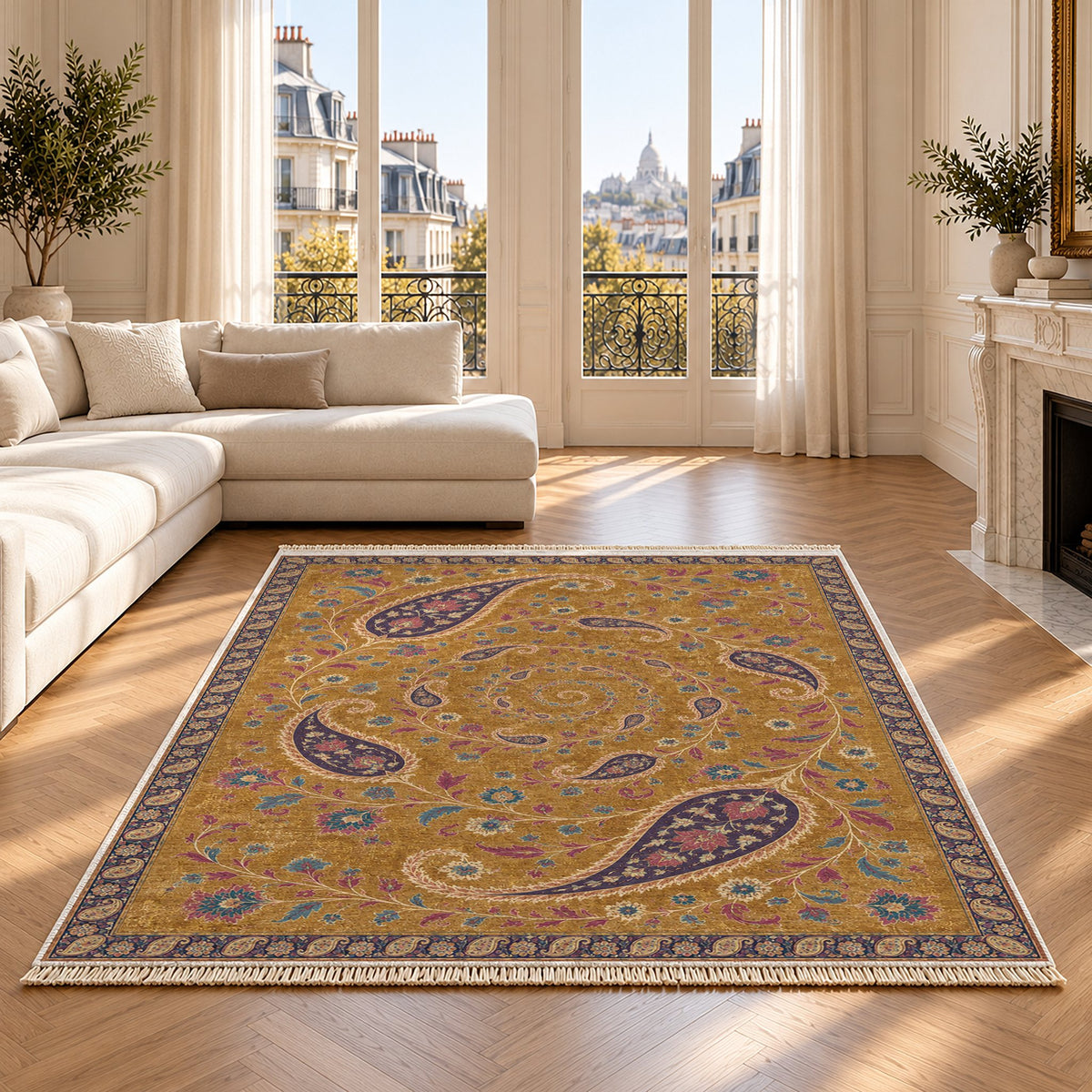 Boteh Wind Spiral Golden, Plum & Azure washable rug on an oak floor