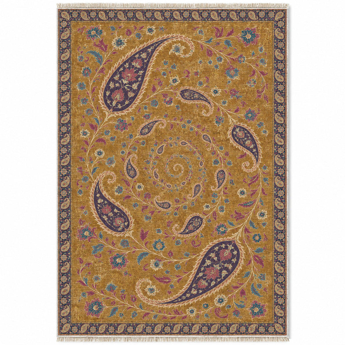 Boteh Wind Spiral Golden, Plum & Azure washable rug top view