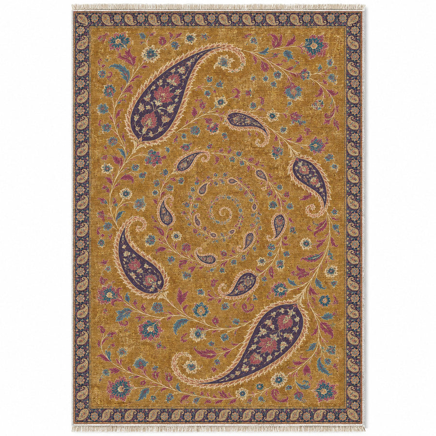 Boteh Wind Spiral Golden, Plum & Azure Distressed Washable Rug