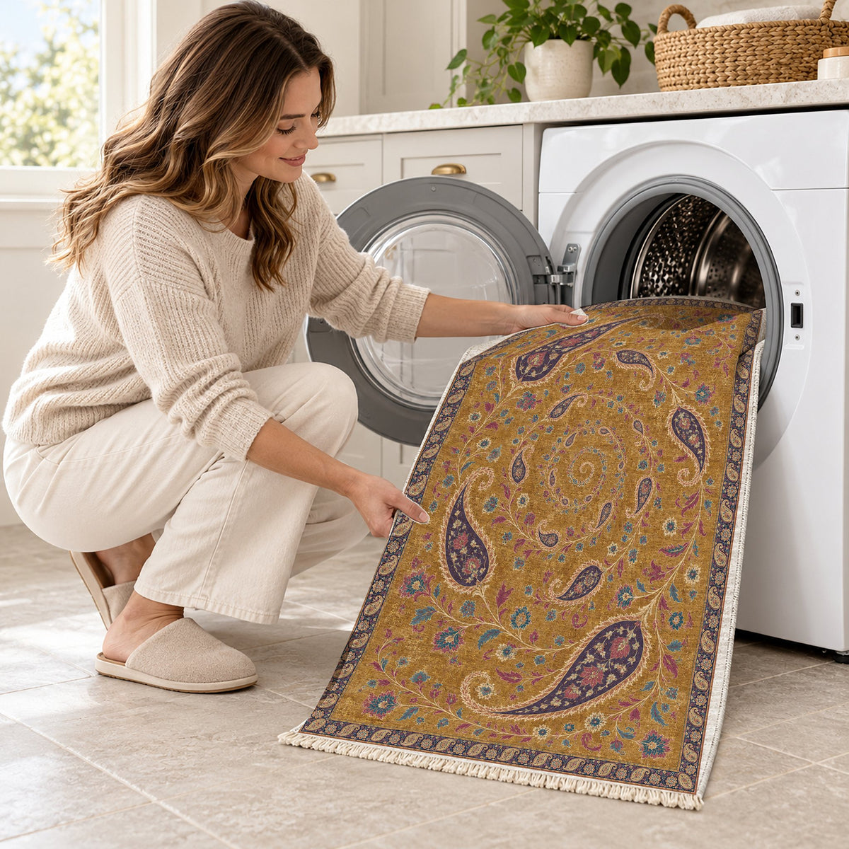 Boteh Wind Spiral Golden, Plum & Azure washable rug being loaded into a washing machine