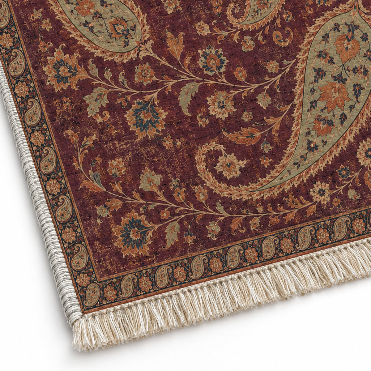 Boteh Wind Spiral Mulberry & Celadon washable rug close-up of the printed chenille