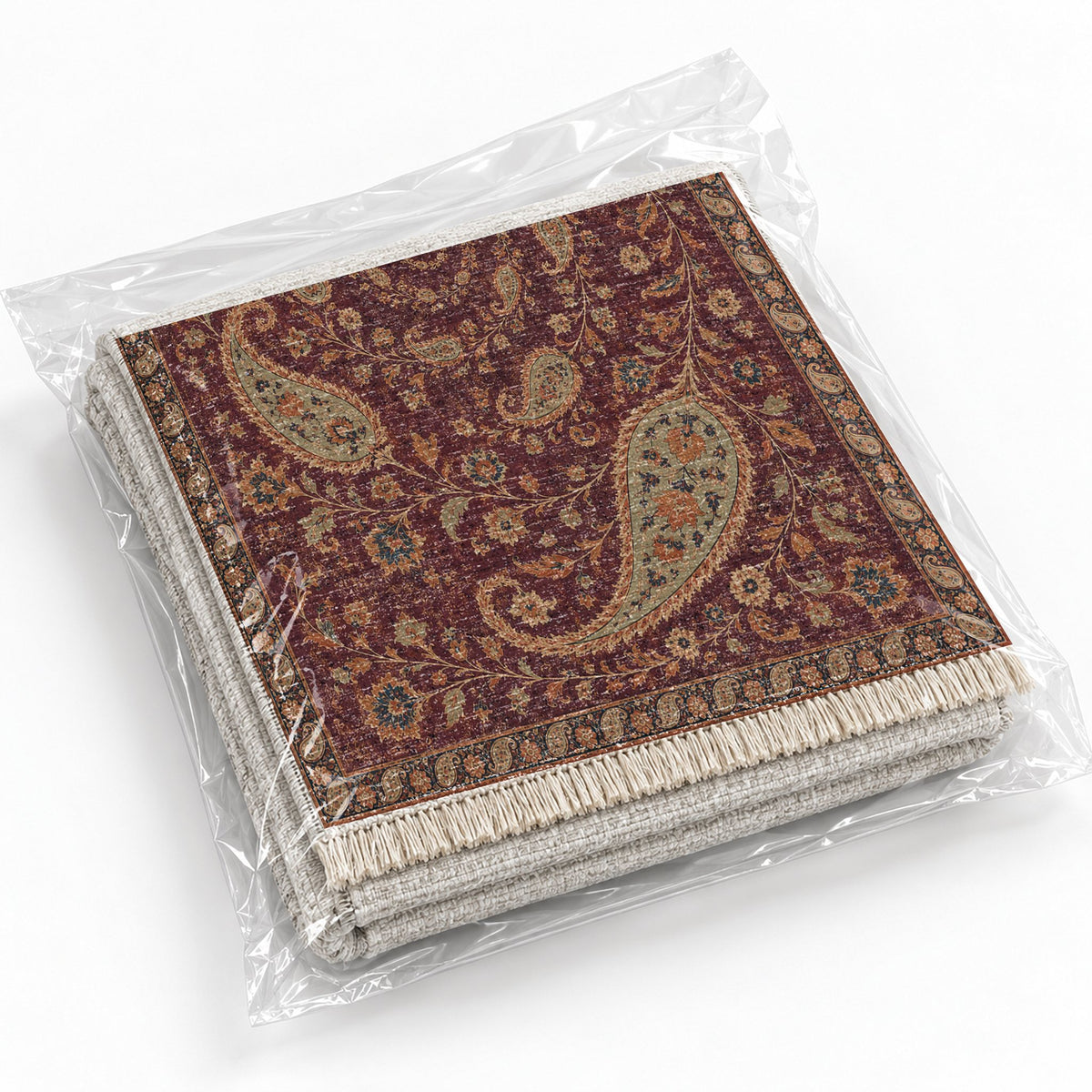 Boteh Wind Spiral Mulberry & Celadon washable rug rolled and packaged