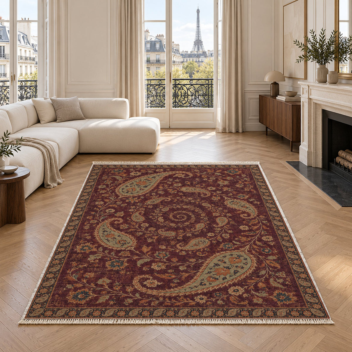 Boteh Wind Spiral Mulberry & Celadon washable rug in a living room with an Eiffel Tower view